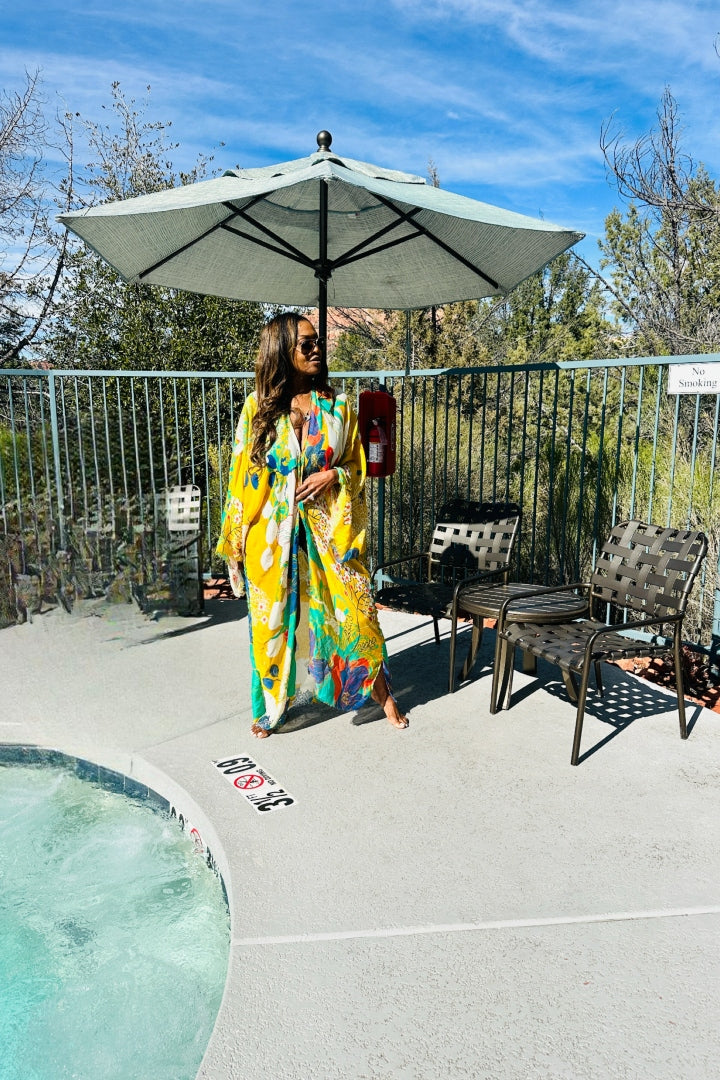 Aruba Open Front Long Kimono - Gold Turquoise Royal Blue.Blend