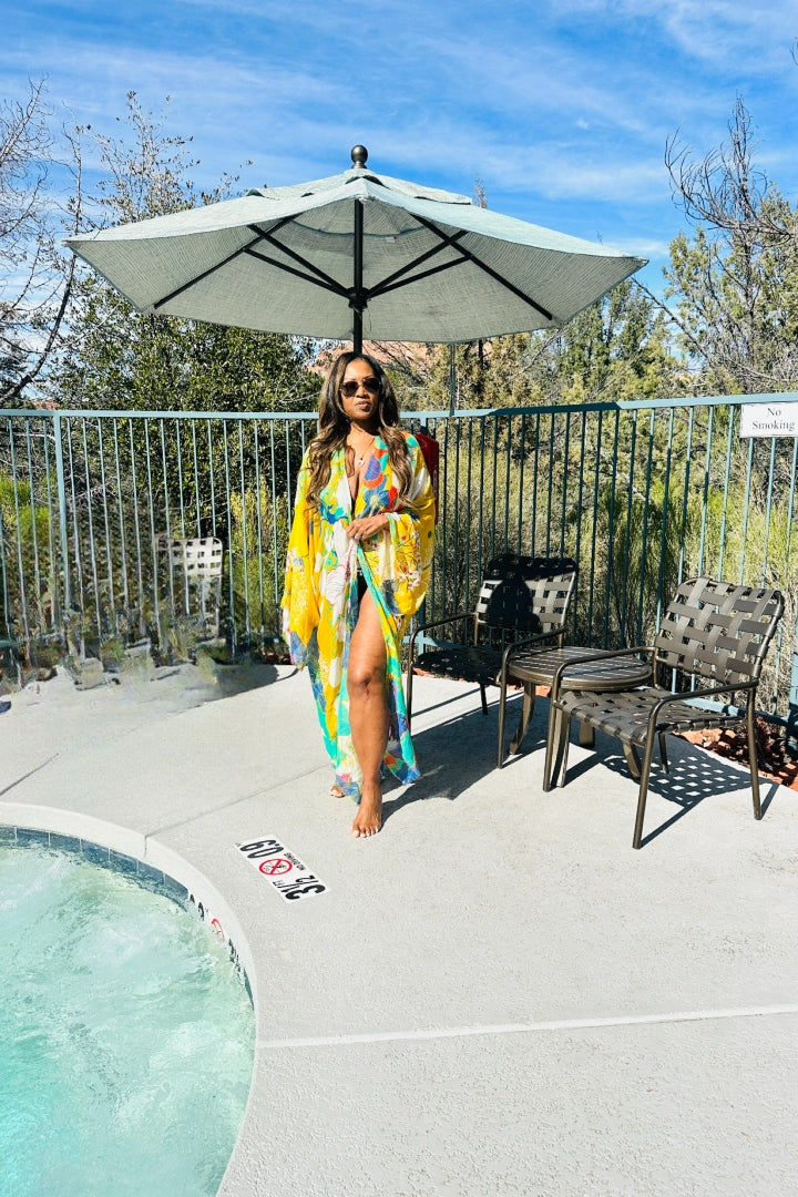 Aruba Open Front Long Kimono - Gold Turquoise Royal Blue.Blend