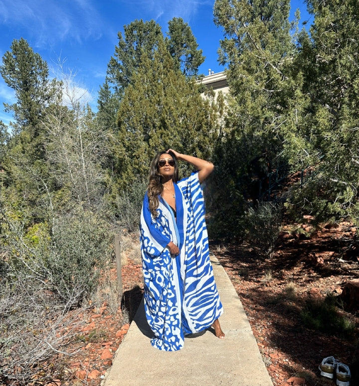 Sedona Open Front Kimono Long Kimono - Royal  Blue and White Trim Ships 3/20
