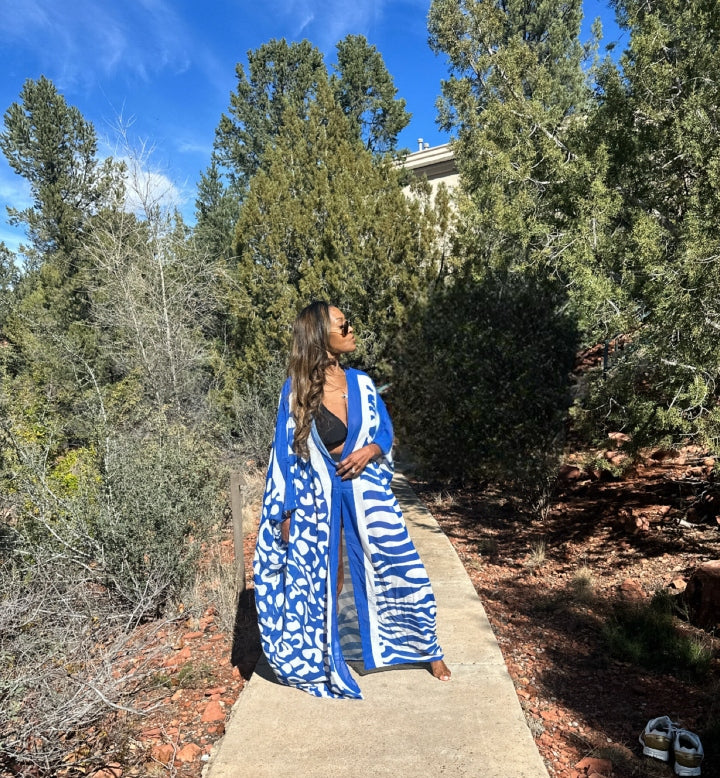 Sedona Open Front Kimono Long Kimono - Royal  Blue and White Trim Ships 3/20