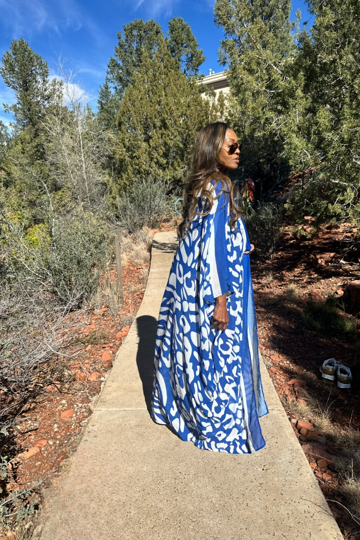 Sedona Open Front Kimono Long Kimono - Royal  Blue and White Trim Ships 3/20