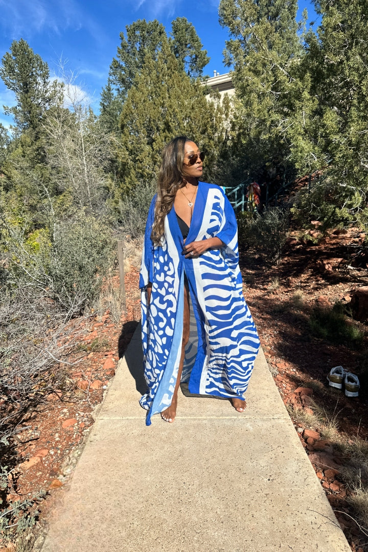Sedona Open Front Kimono Long Kimono - Royal  Blue and White Trim Ships 3/20