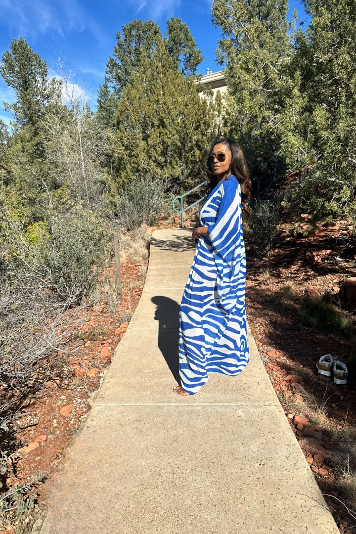 Sedona Open Front Kimono Long Kimono - Royal  Blue and White Trim Ships 3/20