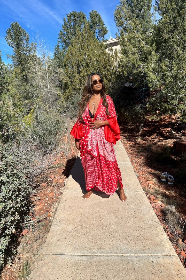 Bali Satin Open Front Kimono Long Kimono with matching scarf - Red and White Blend Ships 3/20