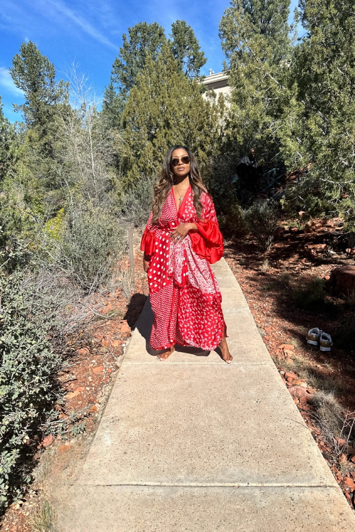 Bali Satin Open Front Kimono Long Kimono with matching scarf - Red and White Blend Ships 3/20