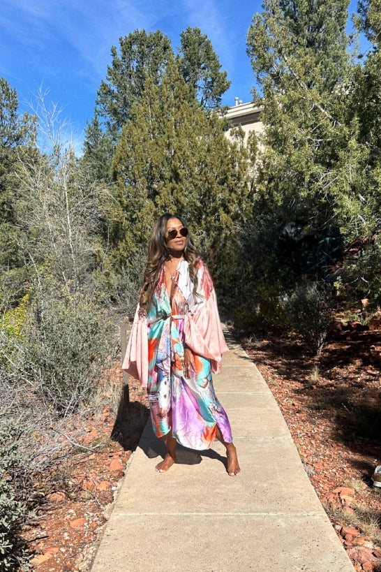 Fiji Satin Fiji Satin Open Front Kimono Long Kimono with matching scarf - Blush Pink and Aqua Blend Ships 3/`3