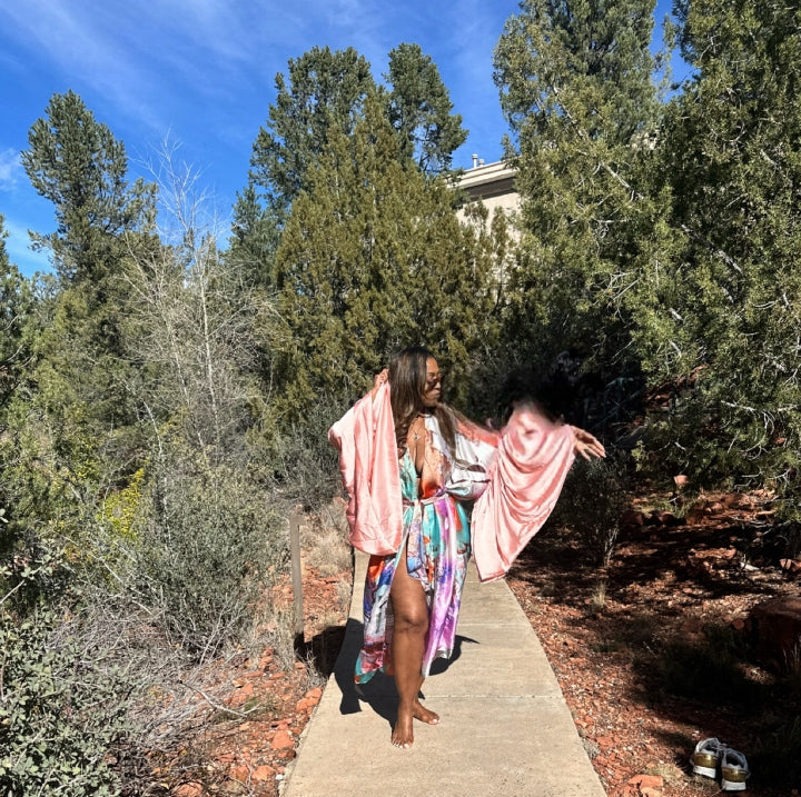 Fiji Satin Fiji Satin Open Front Kimono Long Kimono with matching scarf - Blush Pink and Aqua Blend Ships 3/`3