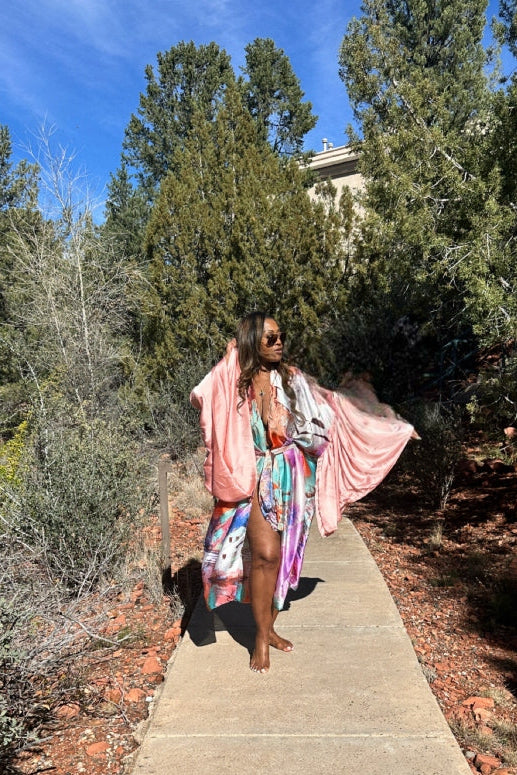 Fiji Satin Fiji Satin Open Front Kimono Long Kimono with matching scarf - Blush Pink and Aqua Blend Ships 3/`3