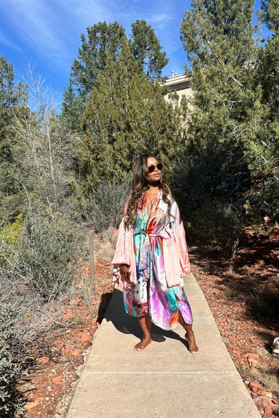 Fiji Satin Fiji Satin Open Front Kimono Long Kimono with matching scarf - Blush Pink and Aqua Blend Ships 3/`3