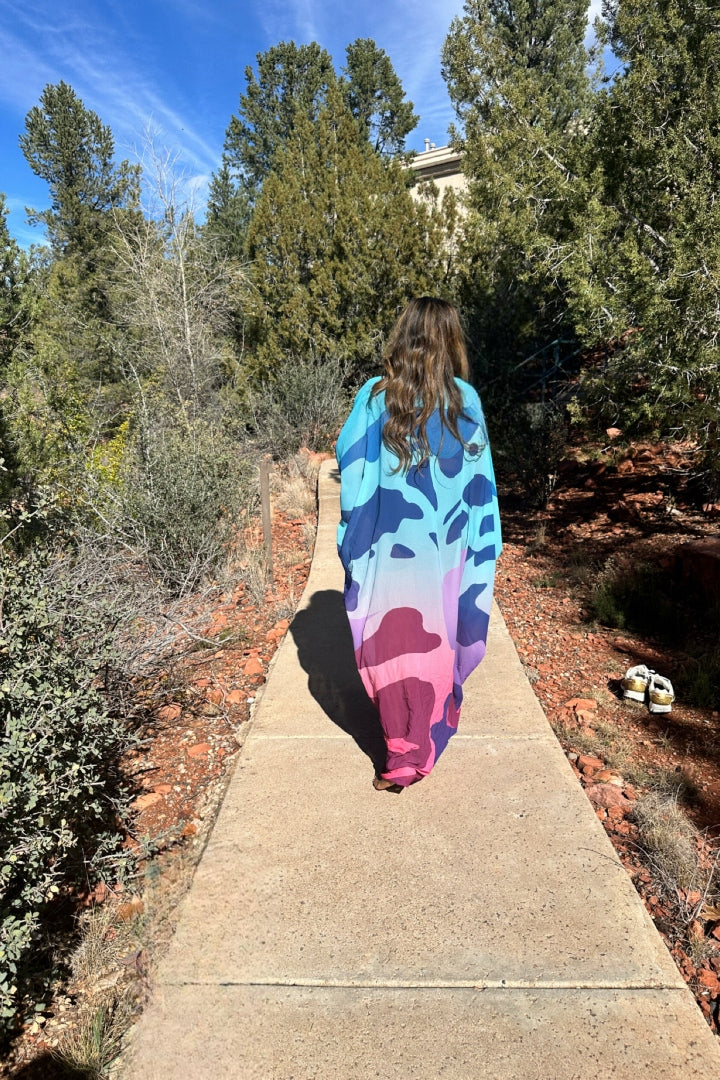 Palm Springs Kimono | Open Front Long Kimono -Aqua Blue Hot Pink  Blend Ships 3/20