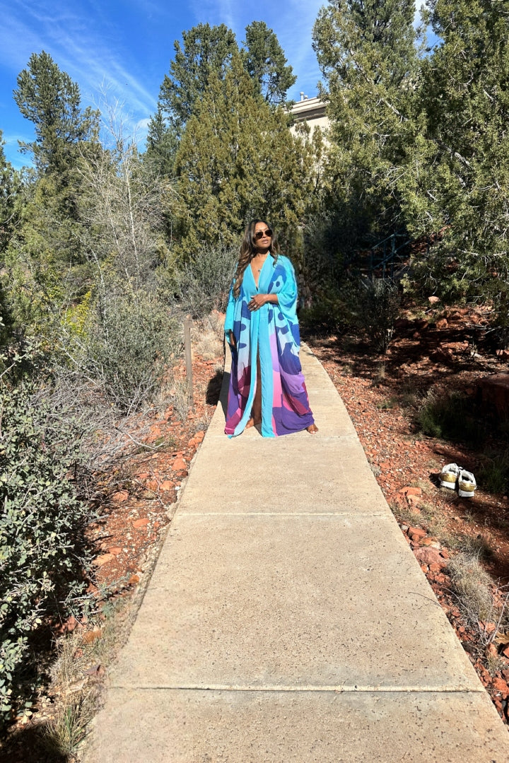 Palm Springs Kimono | Open Front Long Kimono -Aqua Blue Hot Pink  Blend Ships 3/20