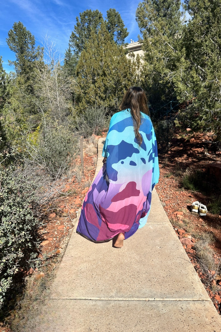 Palm Springs Kimono | Open Front Long Kimono -Aqua Blue Hot Pink  Blend Ships 3/20
