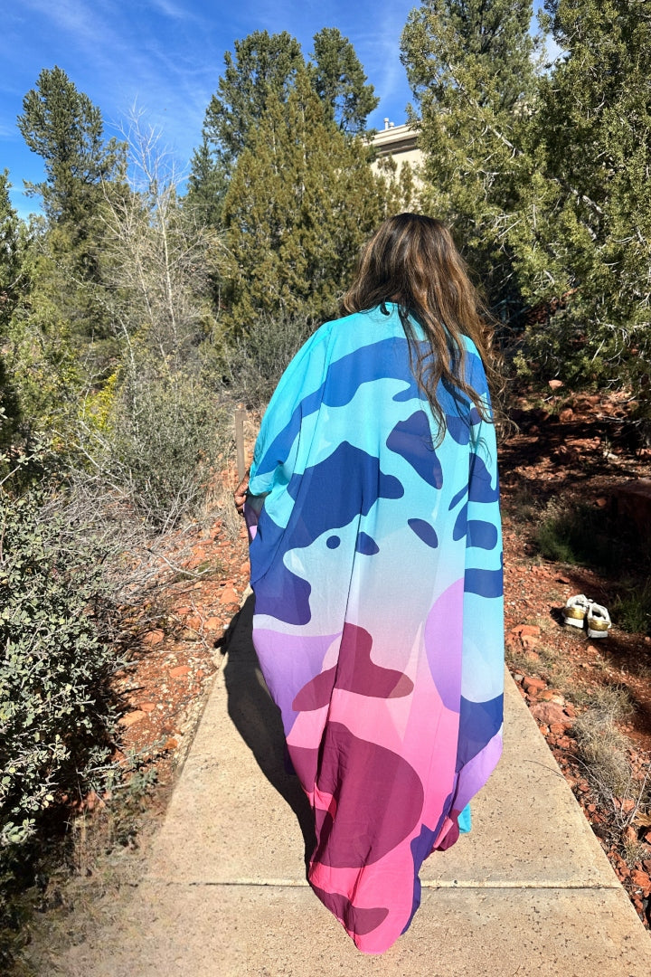 Palm Springs Kimono | Open Front Long Kimono -Aqua Blue Hot Pink  Blend Ships 3/20