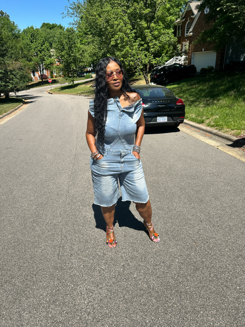 Chill Saturday Stretch  Denim Off the shoulder short romper