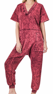 Everyday Harem Acid Wash Jumpsuit - Wine