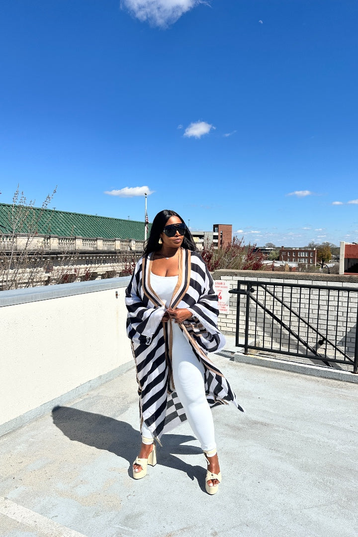 RESTOCKED Rich Auntie Open Front Long Kimono - Black and White Striped Blend Ships 7/31