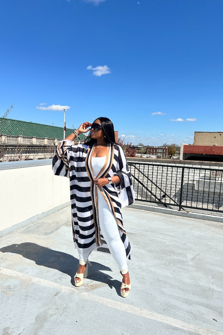 RESTOCKED Rich Auntie Open Front Long Kimono - Black and White Striped Blend Ships 7/31