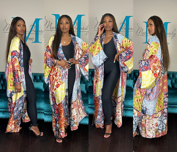Peru Satin Open Front Long Kimono - Light Blue Yellow Red Blend Ships 6/12