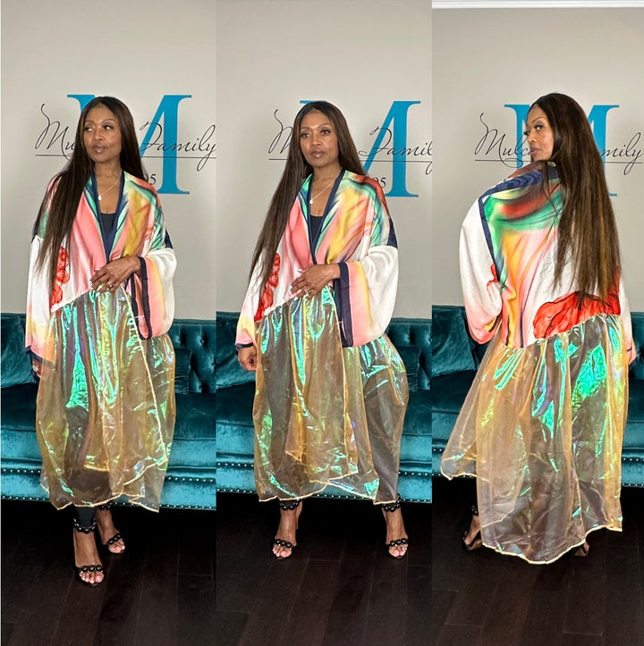Ibiza Satin Open Front Long Kimono with translucent bottom Pink Green Red Blend Ships 6/12