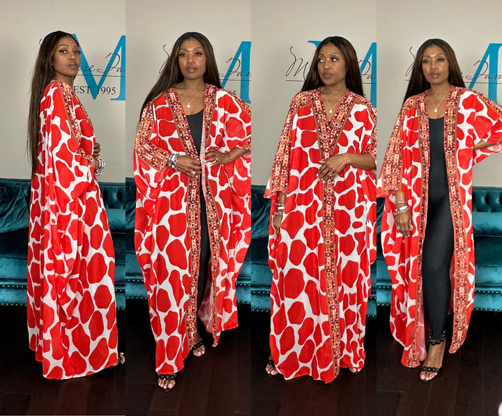 Amsterdam Satin Open Front Kimono Long Kimono - Red White Blend Ships 6/12