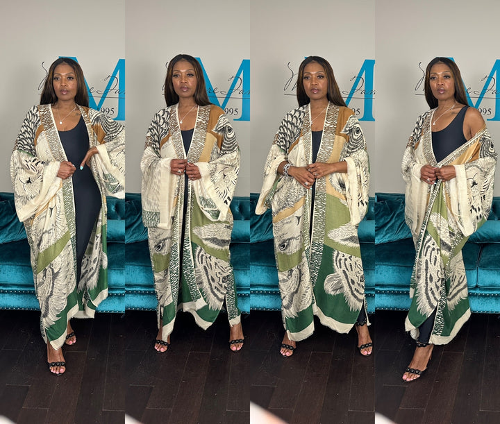 Johannesburg Open Front Kimono Long Kimono - Tan Olive Emerald Green Blend Ships 6/12