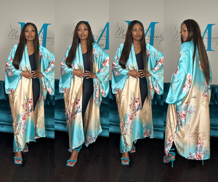 Turks Satin Open Front Long Kimono Ocean Blue, Gold, Pink Blend Ships 6/12