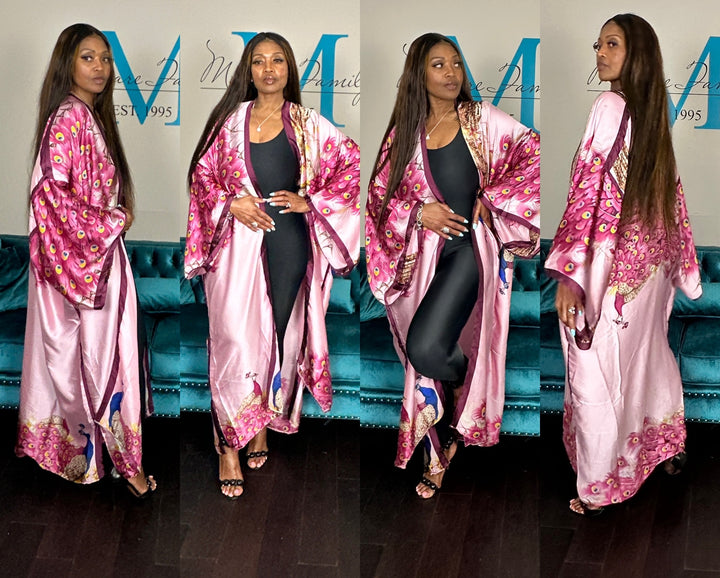Tokyo Satin Open Front Kimono Long Kimono - Burgundy Pink Red Blend