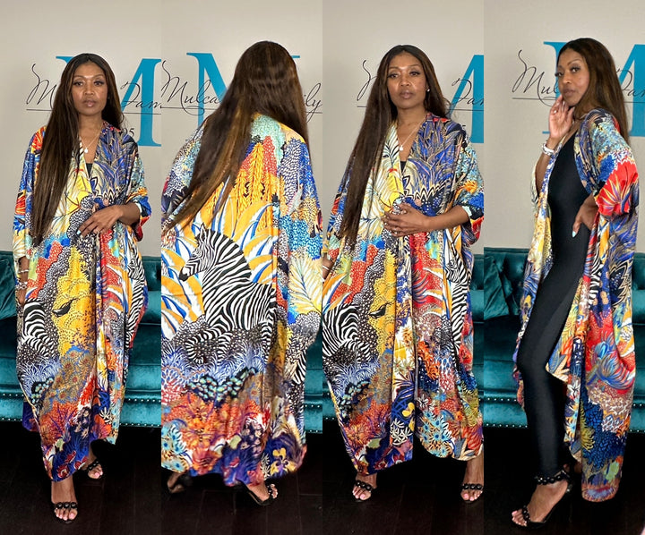 Serengeti Satin Open Front Kimono Long Kimono - Royal Blue Yellow Black Zebra Blend Ships 6/12