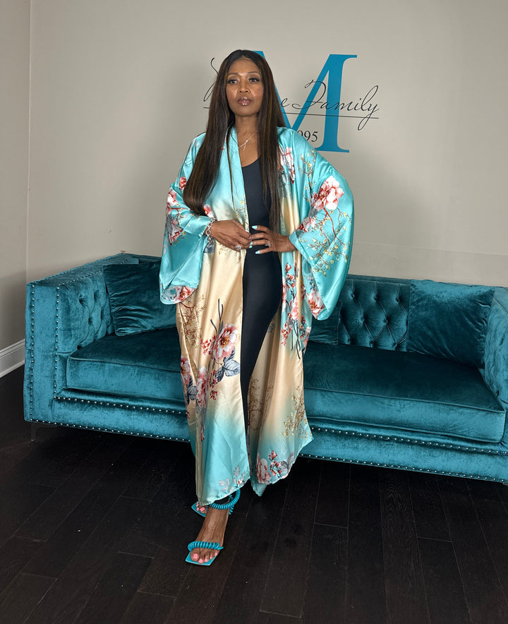 Turks Satin Open Front Long Kimono Ocean Blue, Gold, Pink Blend Ships 6/12