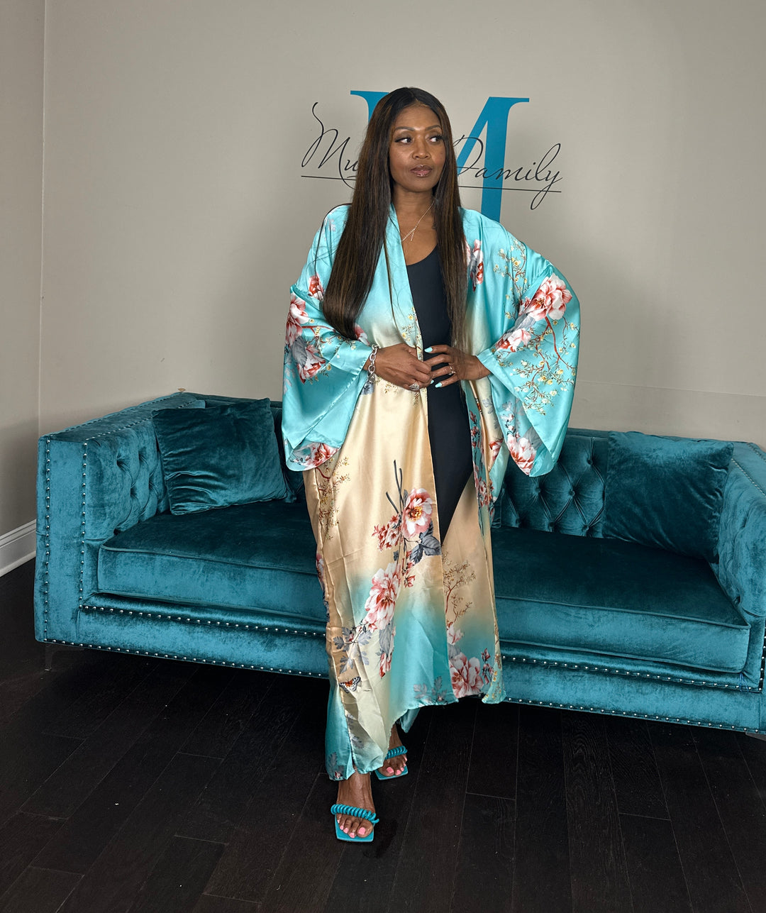 Turks Satin Open Front Long Kimono Ocean Blue, Gold, Pink Blend Ships 6/12