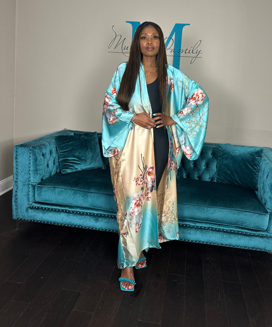 Turks Satin Open Front Long Kimono Ocean Blue, Gold, Pink Blend Ships 6/12