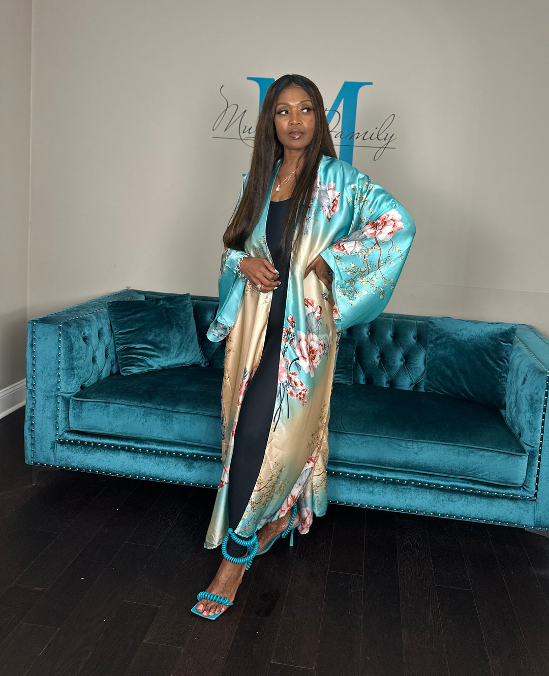 Turks Satin Open Front Long Kimono Ocean Blue, Gold, Pink Blend Ships 6/12
