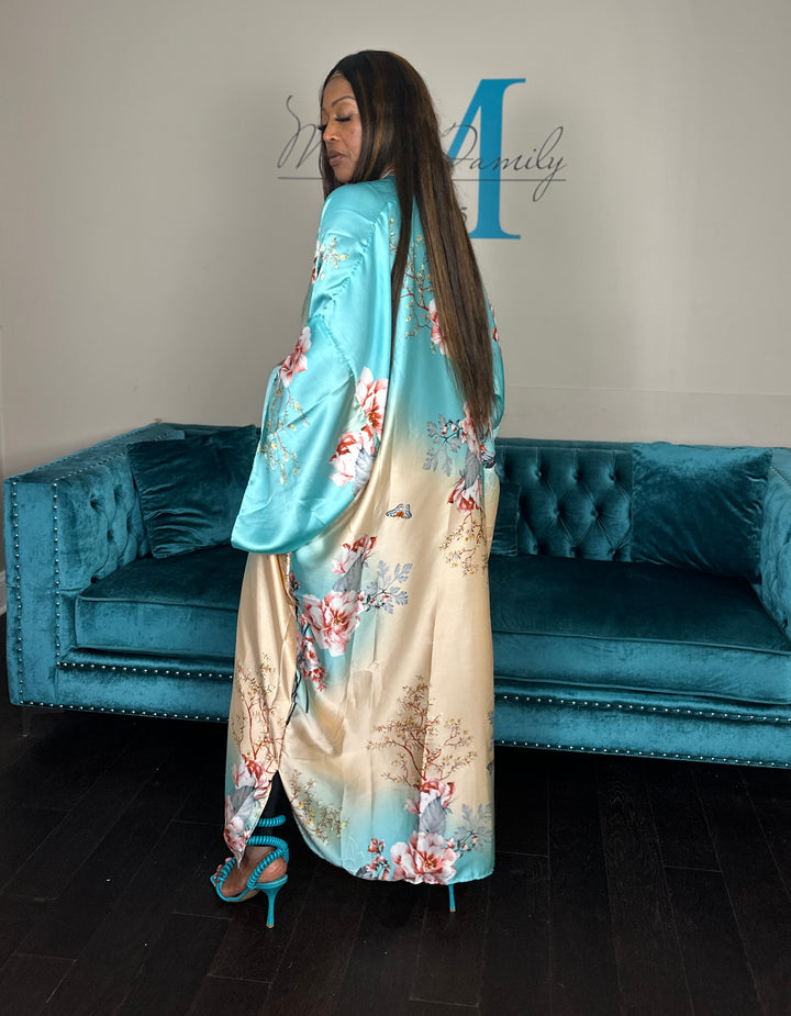 Turks Satin Open Front Long Kimono Ocean Blue, Gold, Pink Blend Ships 6/12