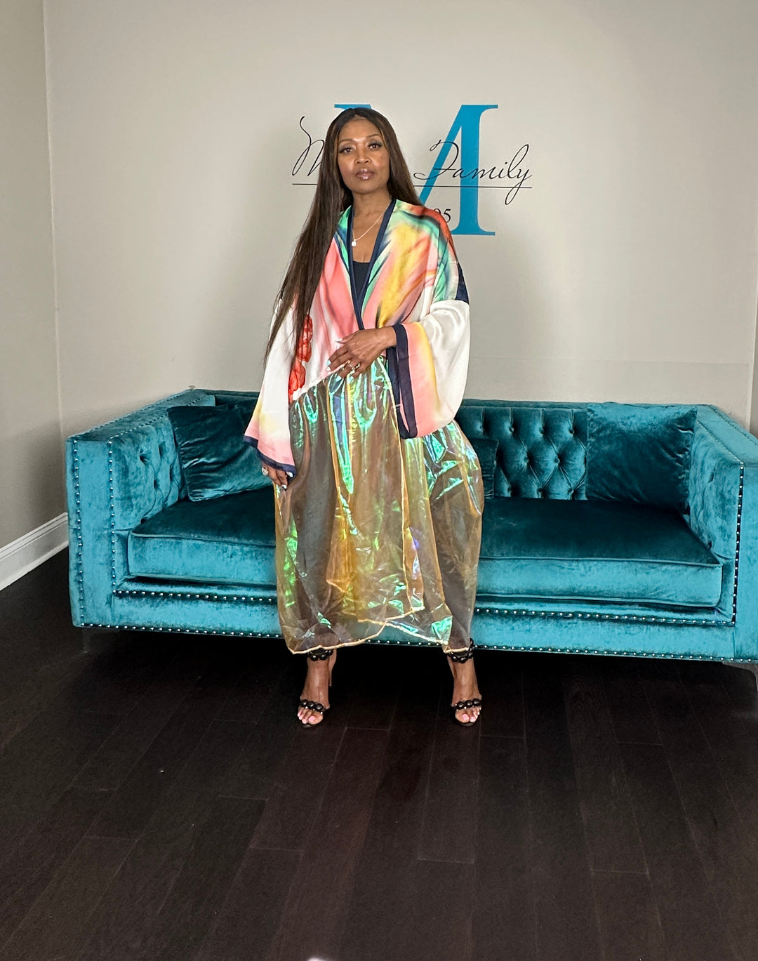 Ibiza Satin Open Front Long Kimono with translucent bottom Pink Green Red Blend Ships 6/12