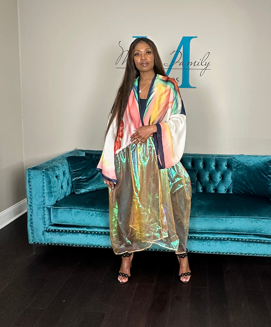 Ibiza Satin Open Front Long Kimono with translucent bottom Pink Green Red Blend Ships 6/12