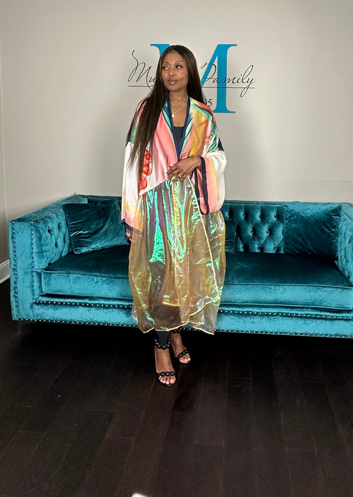 Ibiza Satin Open Front Long Kimono with translucent bottom Pink Green Red Blend Ships 6/12