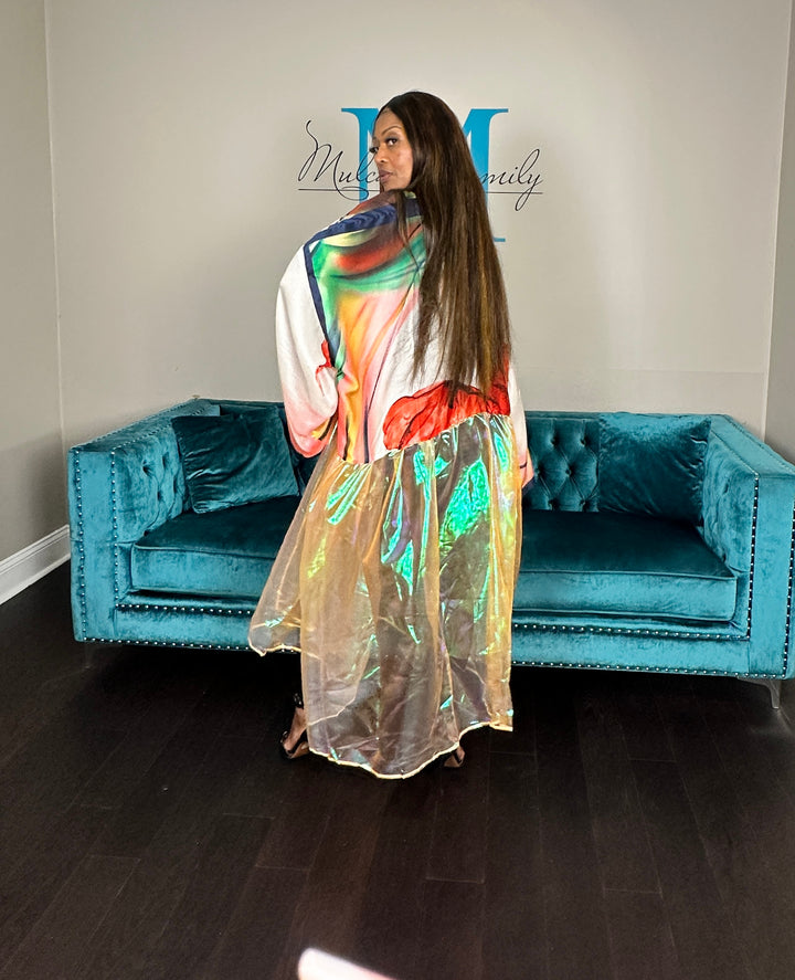 Ibiza Satin Open Front Long Kimono with translucent bottom Pink Green Red Blend Ships 6/12