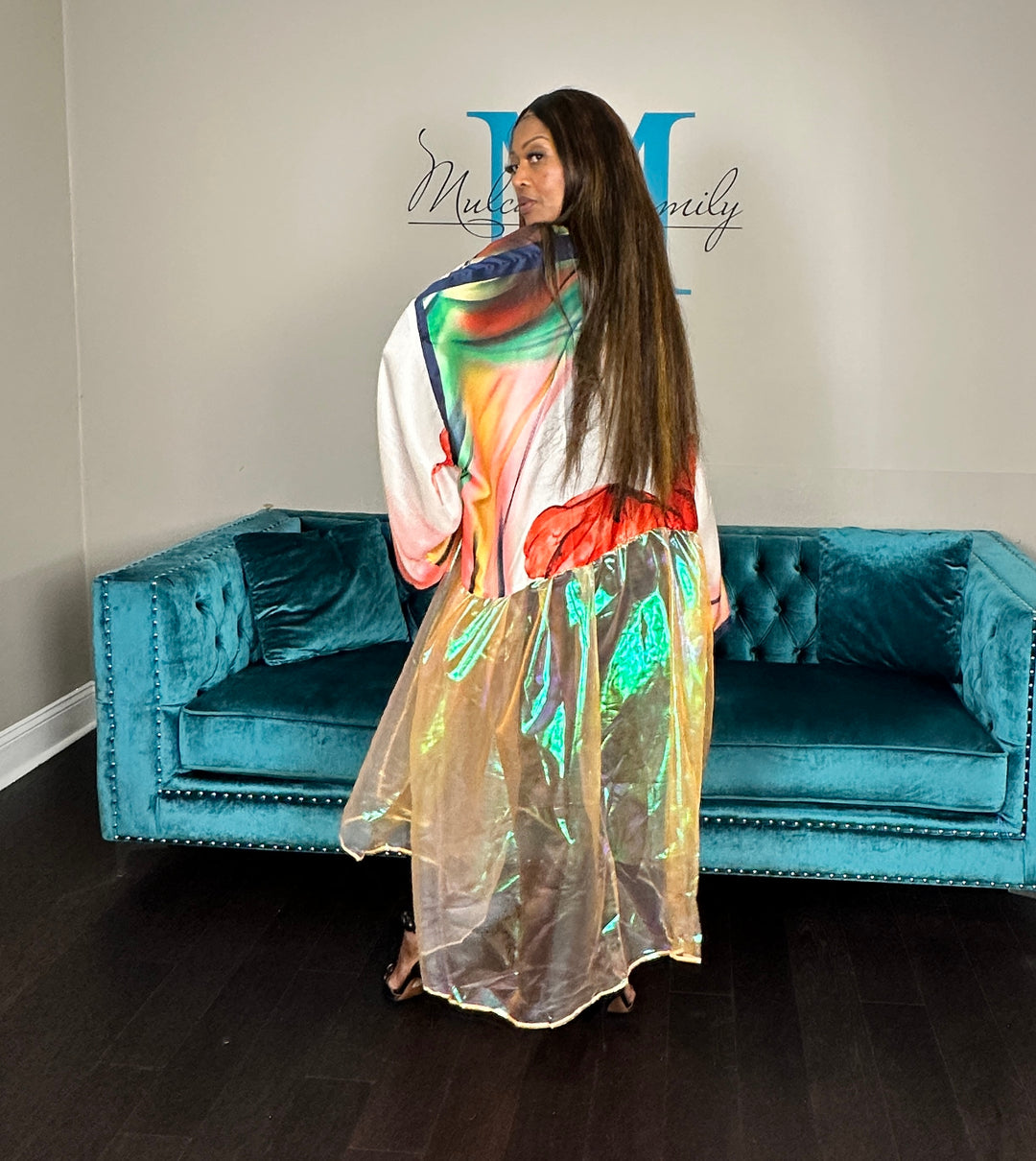 Ibiza Satin Open Front Long Kimono with translucent bottom Pink Green Red Blend Ships 6/12