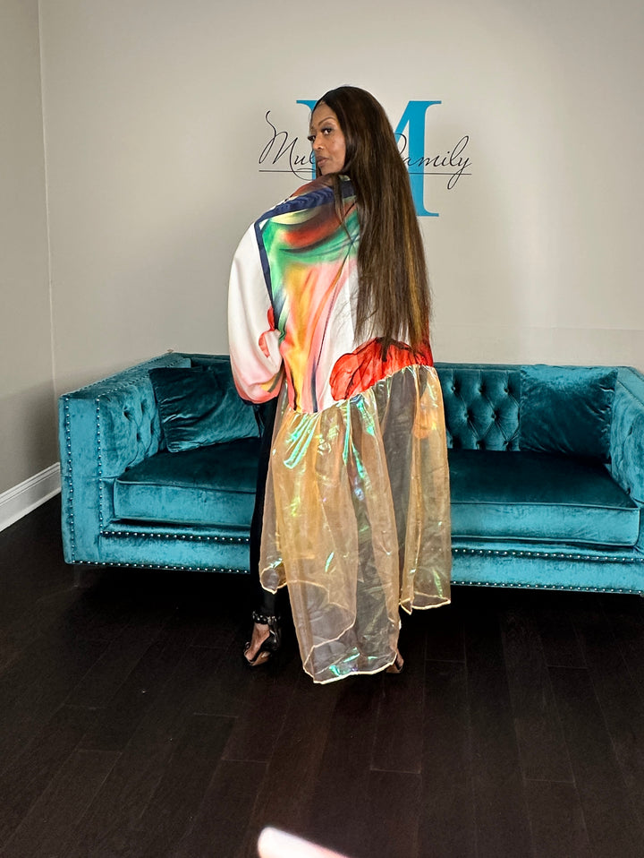 Ibiza Satin Open Front Long Kimono with translucent bottom Pink Green Red Blend Ships 6/12