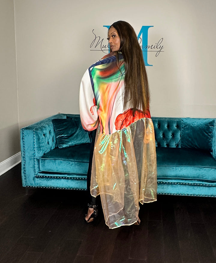 Ibiza Satin Open Front Long Kimono with translucent bottom Pink Green Red Blend Ships 6/12