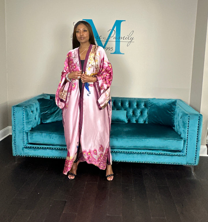 Tokyo Satin Open Front Kimono Long Kimono - Burgundy Pink Red Blend