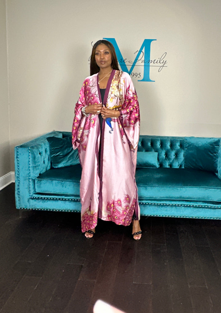 Tokyo Satin Open Front Kimono Long Kimono - Burgundy Pink Red Blend