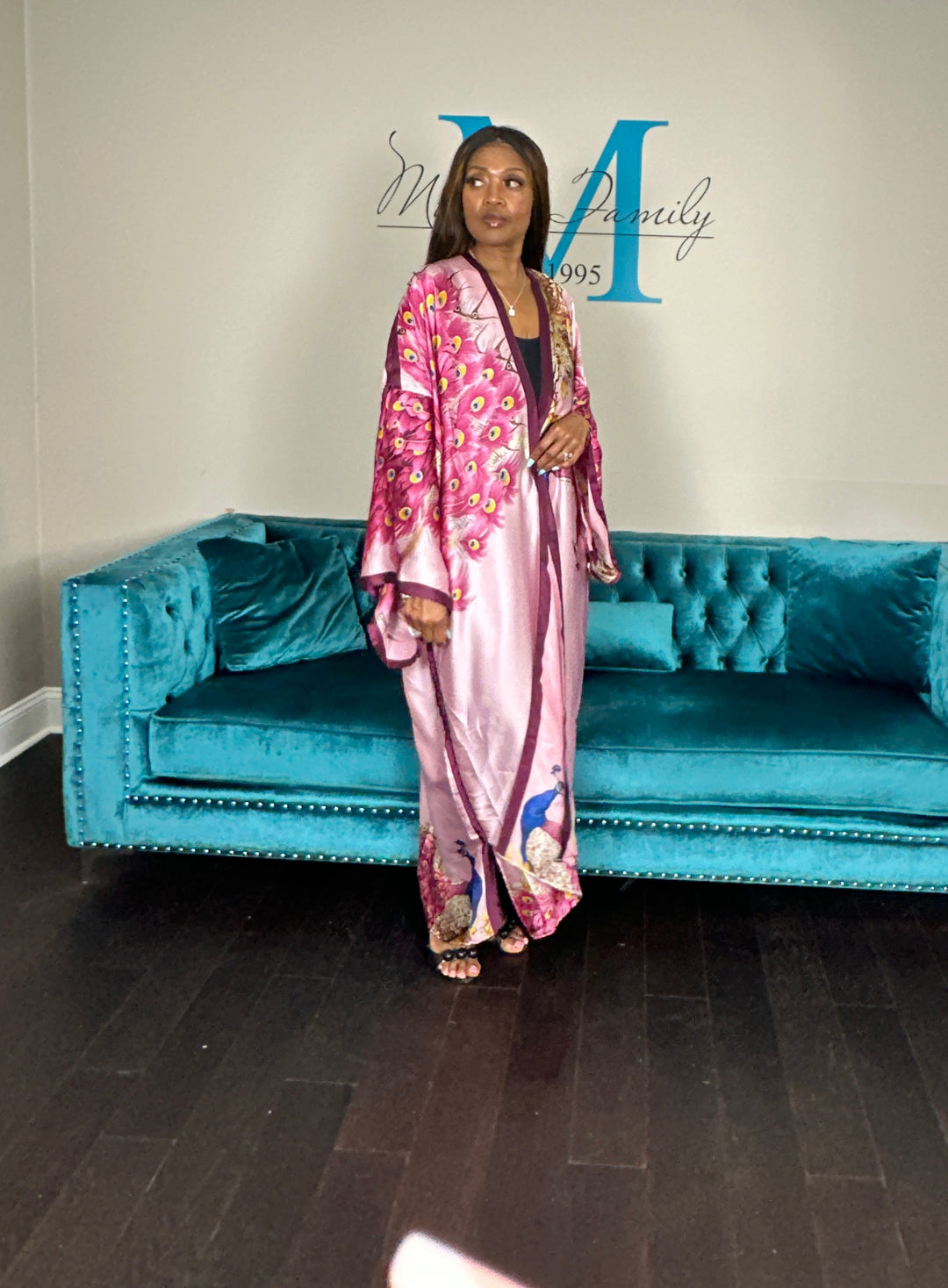 Tokyo Satin Open Front Kimono Long Kimono - Burgundy Pink Red Blend