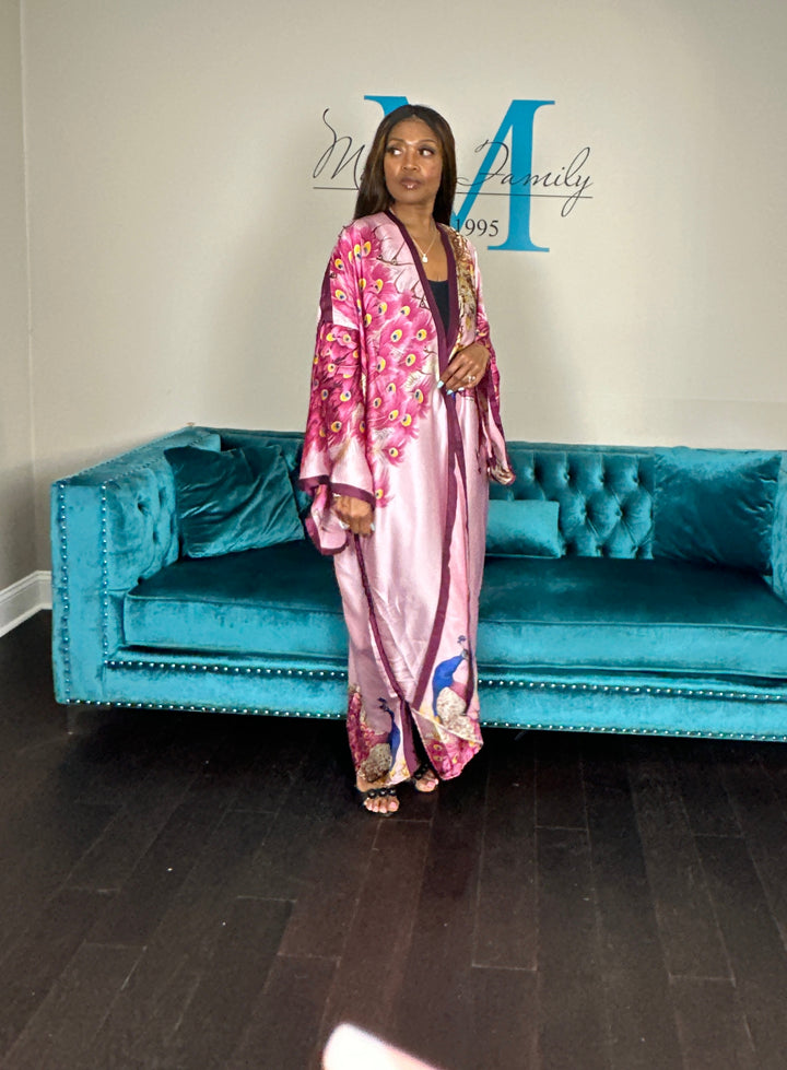 Tokyo Satin Open Front Kimono Long Kimono - Burgundy Pink Red Blend