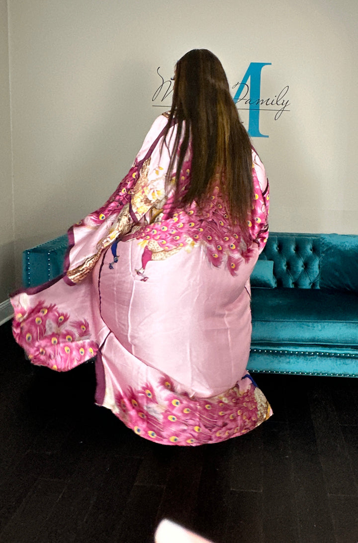 Tokyo Satin Open Front Kimono Long Kimono - Burgundy Pink Red Blend