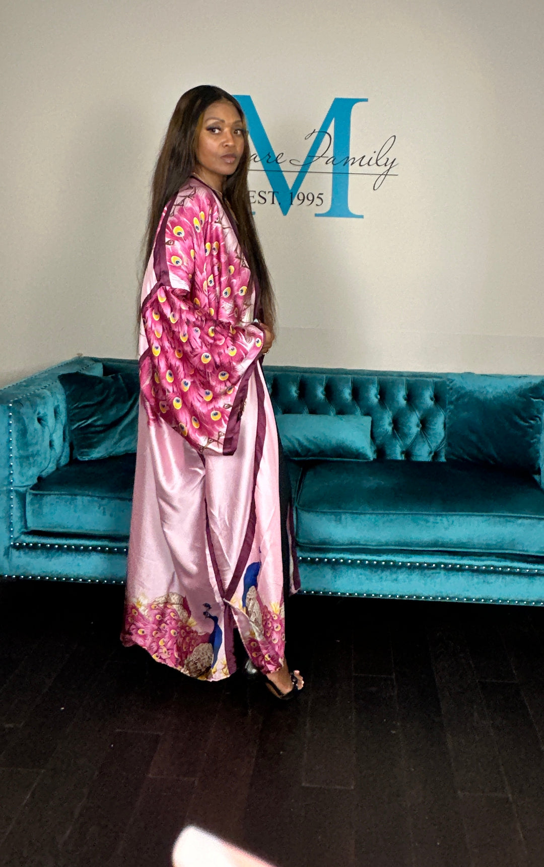 Tokyo Satin Open Front Kimono Long Kimono - Burgundy Pink Red Blend