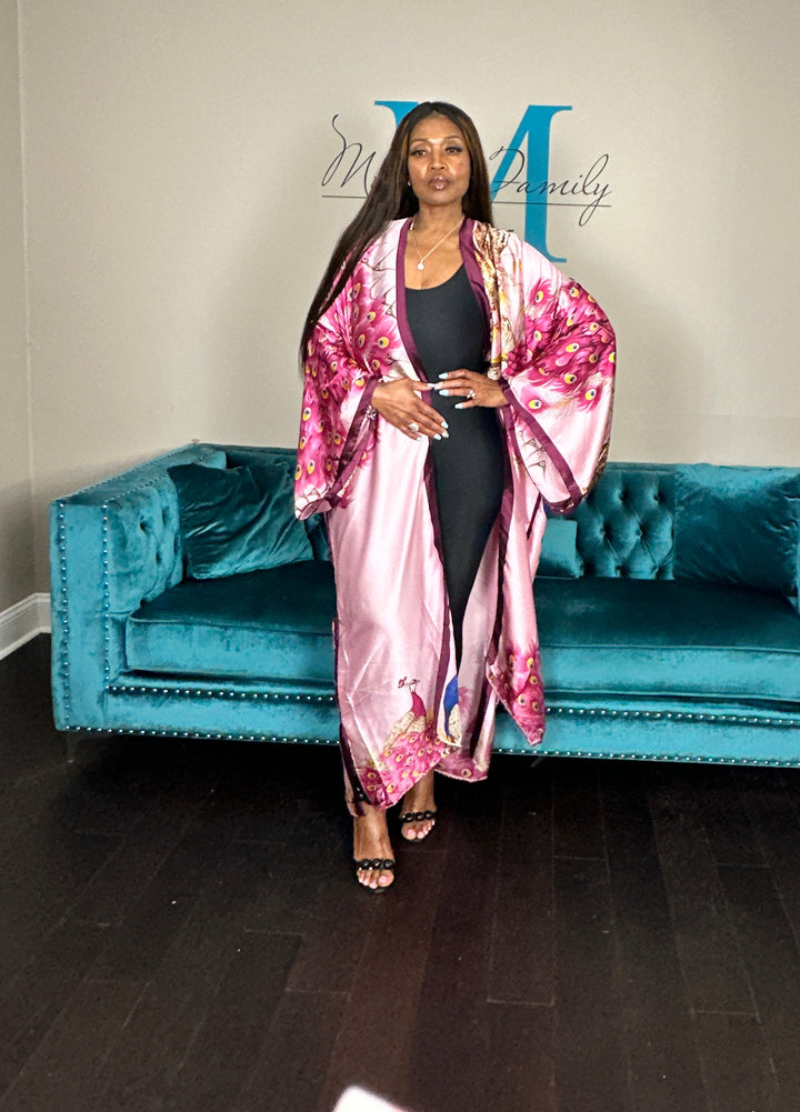 Tokyo Satin Open Front Kimono Long Kimono - Burgundy Pink Red Blend