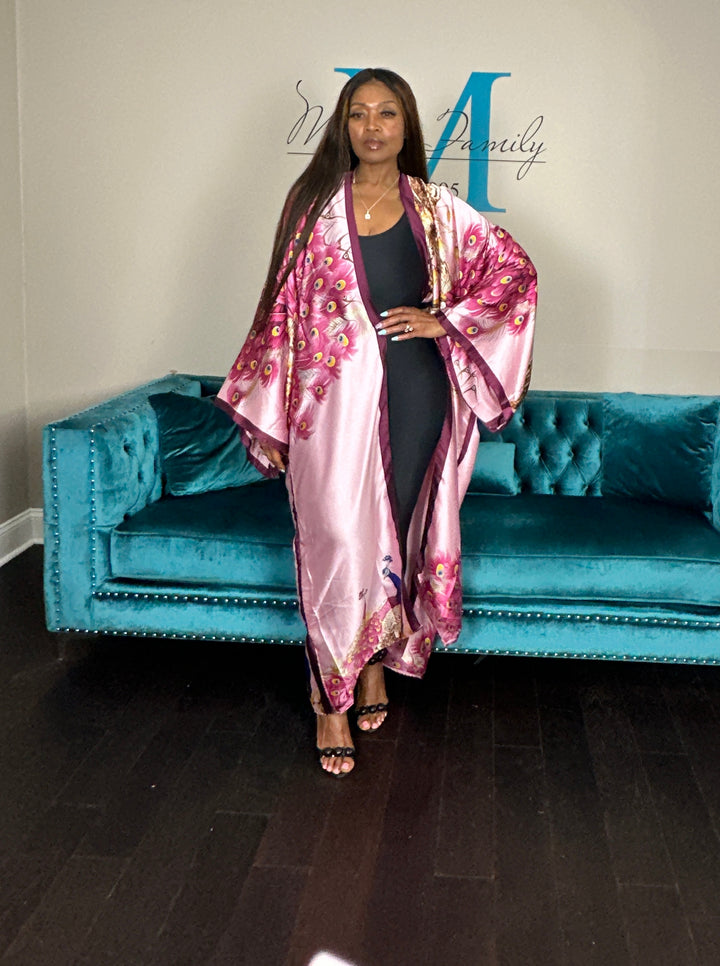 Tokyo Satin Open Front Kimono Long Kimono - Burgundy Pink Red Blend