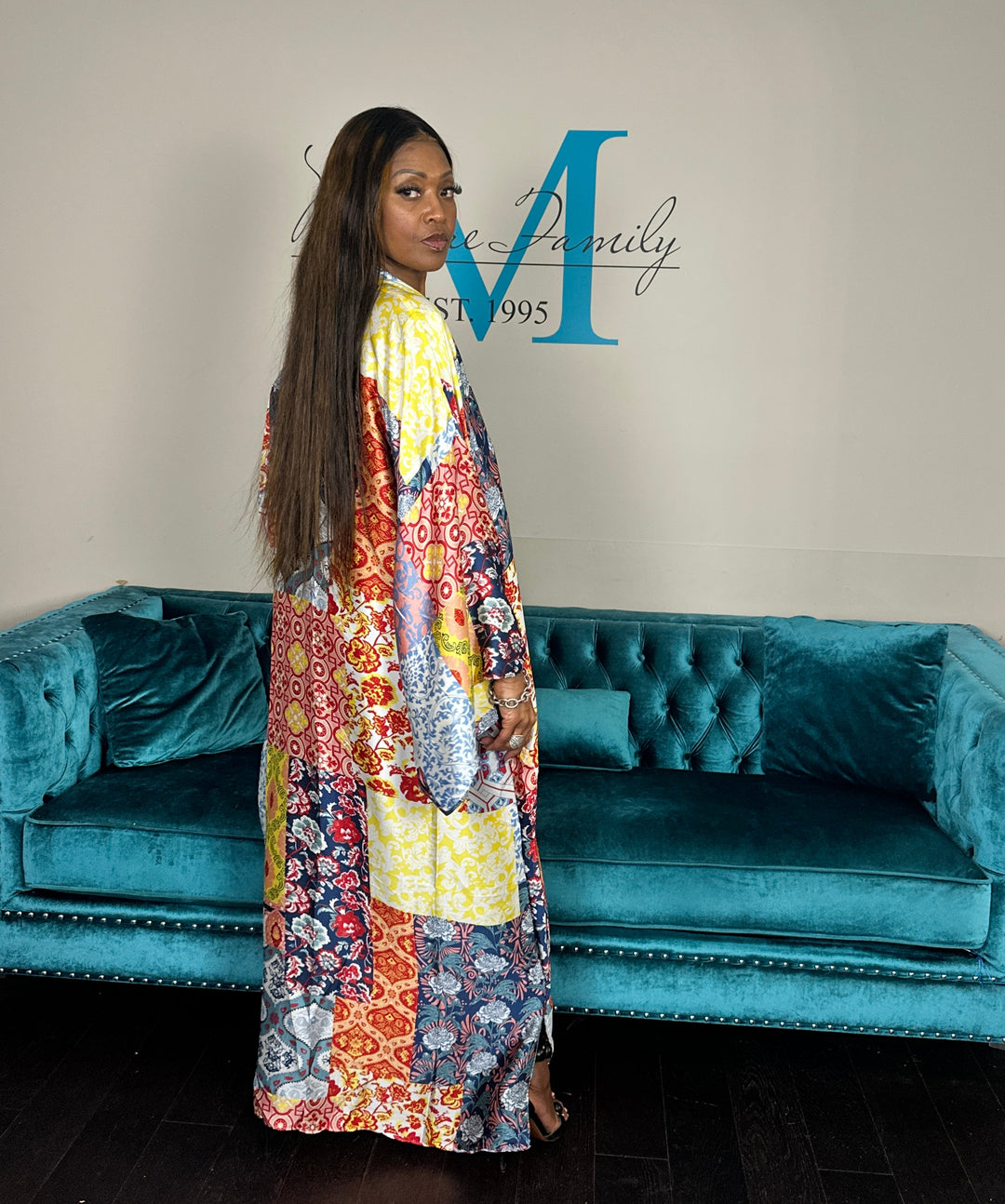 Peru Satin Open Front Long Kimono - Light Blue Yellow Red Blend Ships 6/12