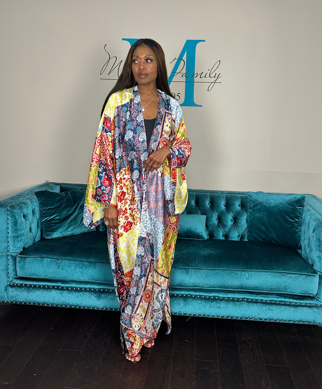 Peru Satin Open Front Long Kimono - Light Blue Yellow Red Blend Ships 6/12
